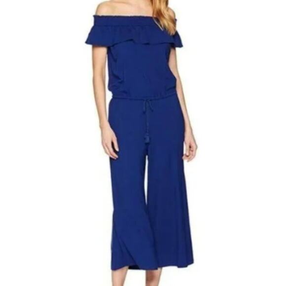 𝅺Lauren Ralph Lauren Blue Ruffle Off the Shoulder Wide Leg Romper Size M - Picture 1 of 9